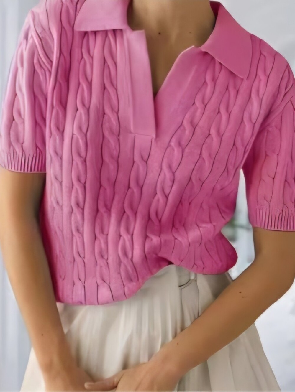 Cable Knit Sweater Short Sleeve Polo Top V Neck Bright Hot Pink Sz L